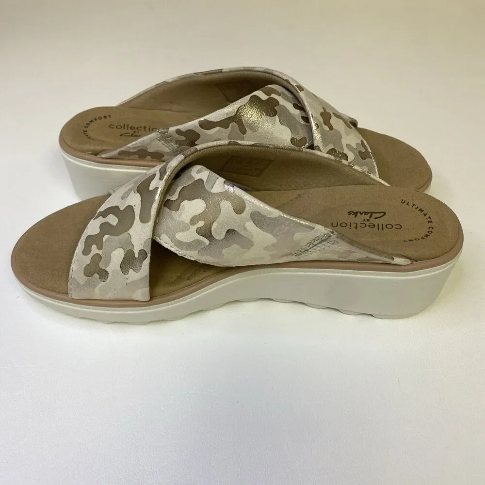 Clarks Collection Jillian Wedge Slides Criss Cross Sandals Tan Gold Camo Size 6